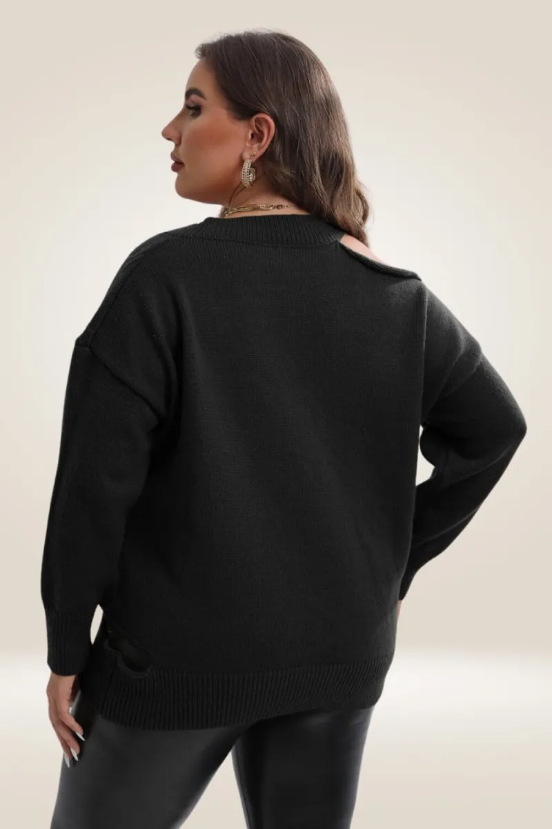 Knitted Off The Shoulder Black Plus Size Sweater