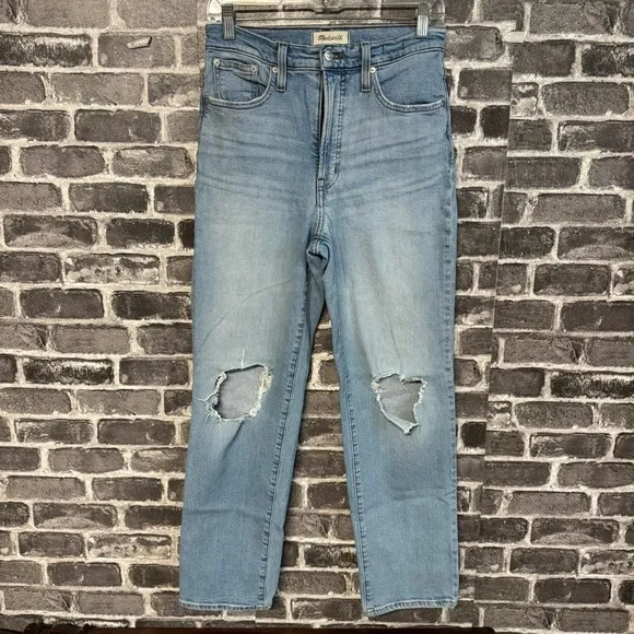 Madewell the perfect vintage straight jean light wash ripped knees jeans