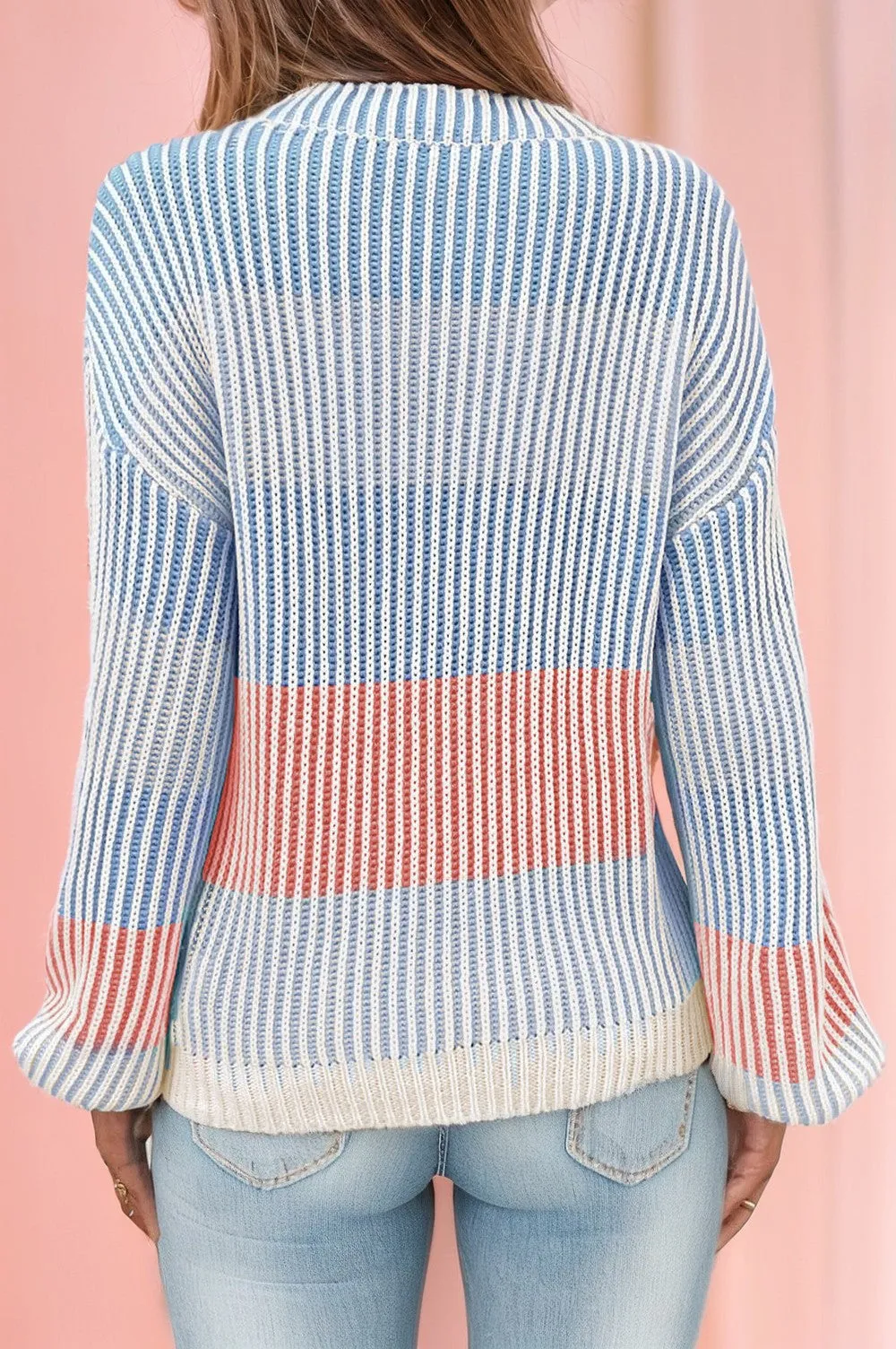 Ryder Colorblock Lantern Sleeve Rib Knitted Sweater - Blue