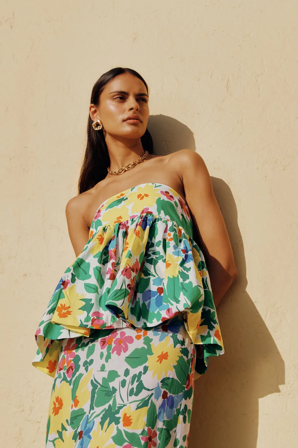 Strapless Ruffled Top | Straight Leg Pant
